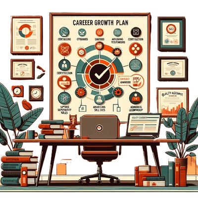 biurko i fotel pod tablicą z planem rozwoju osobistego